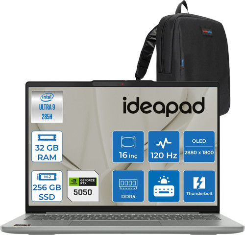 Ideapad Pro 5 16IAH10 Intel Core Ultra 9 285H Aı 32GB Ddr5 256GB SSD RTX5050/8GB 16" 2.8k (2880X1800) OLED 1100NITS 120Hz 100% Dcı-P3 Freedos Taşınabilir Bilgisayar 83JM004WTRF11+ZETTAÇANTA