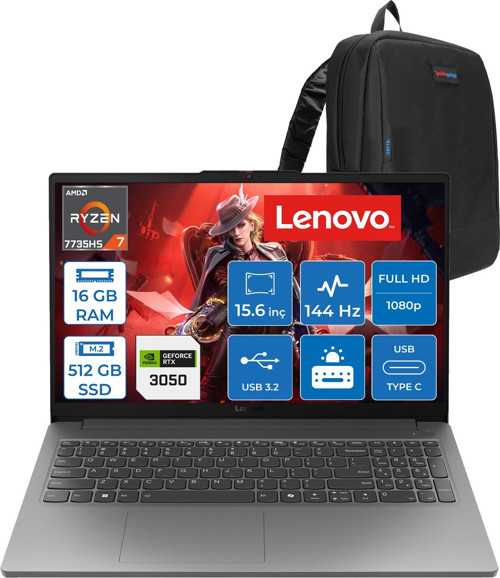 Loq Essential 15ARP10 Amd Ryzen 7 7735HS 16GB 512GB SSD 6GB/RTX3050/65W 15.6" Fhd IPS 300NITS, 100% Srgb 144Hz Windows 11 Home Gaming Bilgisayar 83S00033TRH01 + Zettaçanta