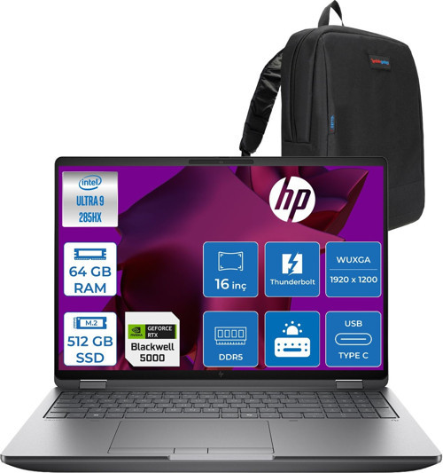 Zbook Fury G1I Intel Ultra 9 285HX Ddr5 64GB 512GB SSD 24GB/RTXPRO5000 Wuxga 400NITWi-Fi 7+Bt 5.4 Freedos Aı Iş Istasyonu 5F9T8ESF21 + Zettaçanta