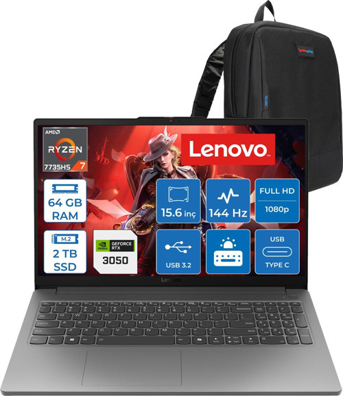 Loq Essential 15ARP10 Amd Ryzen 7 7735HS 64GB 2tb SSD 6GB/RTX3050/65W 15.6" Fhd IPS 300NITS, 100% Srgb 144Hz Windows 11 Home Gaming Bilgisayar 83S00033TRH23 + Zettaçanta