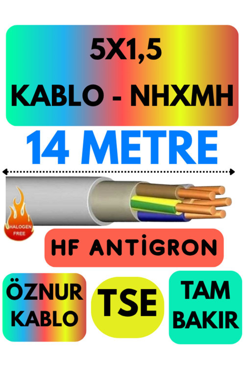 Öznur 5X1,5 NHXMH (ALEV İLETMEZ) Kablo Metre Seçenekli (Gri) 14 METRE