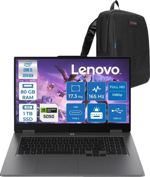 Loq 17IRX10 Intel Core I5 13450HX 80GB Ddr5 1tb SSD RTX5050 8gb 115W Freedos 17.3 Inç Fhd (1920X1080) IPS 300NITS 165HZ 100% Srgb Taşınabilir Bilgisayar W83JH0069TRF38 + Zetta Çanta