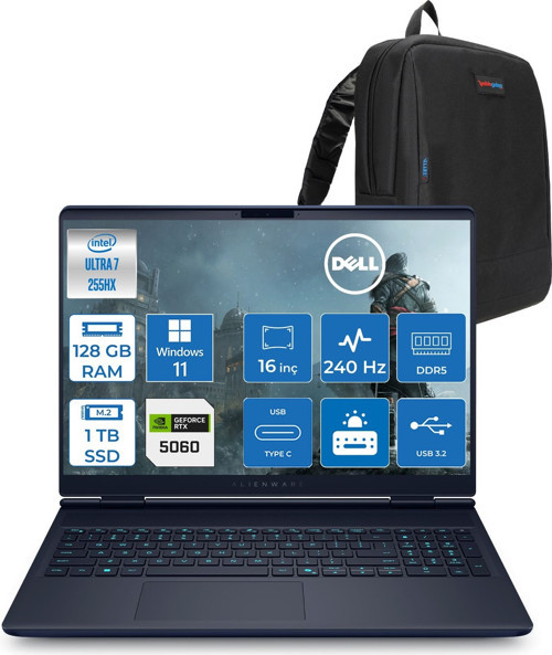 Alienware 16X Aurora Core Ultra 7 255HX Aı 128GB 1tb SSD 8GB/RTX5060 Gddr7 115W 16" Wqxga 240Hz 500 Nits Windows 11 Home Taşınabilir Bilgisayar ZAC16251H43128G + Zettaçanta
