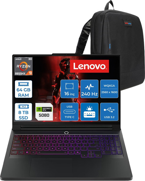 Legion Pro 7 Amd Ryzen 9 9955HX3D 64GB 8tb SSD 16GB/RTX5080/175W 16" Wqxga (2560X1600) OLED 1000NITS 240Hz Freedos Gaming Bilgisayar L83RU0031TRF54 + Zettaçanta