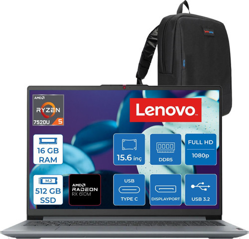 Ideapad Slim 3 Amd Ryzen 5 7520U 16GB Lpddr5 512GB SSD Radeon 610M Graphics 15.6" Fhd Tn 250NITS Freedos Taşınabilir Bilgisayar 82XQ00SFTXF09 + Zettaçanta