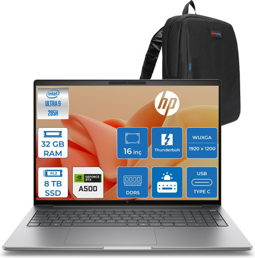 Zbook 8 G1I Ultra 9 285H Ddr5 32GB 8tb SSD 4GB/RTX500ADA 16" Wuxga (1920 x 1200) 400NIT Wi-Fi7+Bt 5.4 Windows 11 Pro Aı Iş Istasyonu B30HJESF51 + Zettaçanta