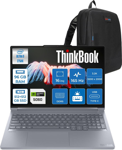 Thinkbook 16P Gen6 Iax Intel Core Ultra 9 275HX Aı Ddr5 96GB 512GB SSD+512GB SSD 8GB/RTX5060 115W 16" 3.2k (3200X2000) IPS 500NITS 165Hz Freedos Gaming Laptop 21R0004CTXF42+ZETTAÇANTA