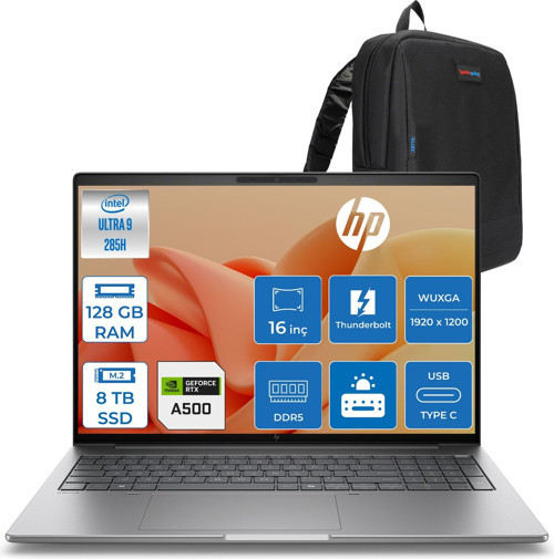 Zbook 8 G1I Ultra 9 285H Ddr5 128GB 8tb SSD 4GB/RTX500ADA 16" Wuxga (1920 x 1200) 400NIT Wi-Fi7+Bt 5.4 Freedos Aı Iş Istasyonu B30HJESF57 + Zettaçanta