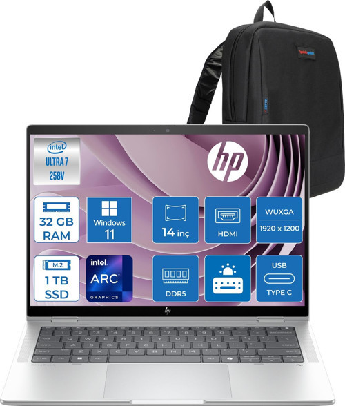 Elitebook x Flip G1I Aı Intel® Core™ Ultra 7 258V 32GB 1tb SSD Intel® Arc™ 140V Gpu 14"touch,wuxga (1920 x 1200 IPS,400 NITS,100% Srgb WIN11HOME Dokunmatik BILGISAYARD30U6ETH13+ZETTAÇANTA
