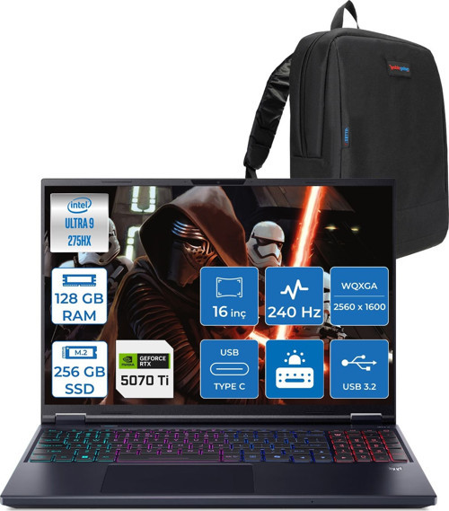 Predator Helıos Neo 16 Aı Core™ Ultra 9 275HX 128GB Ddr5 256GB SSD 12GB/RTX5070Tİ/170W Gddr7 16INÇ Qhd+ 2560 x 1600 240Hz IPS Freedos Gaming BILG.NHQX2EY002F26128G + Zettaçanta