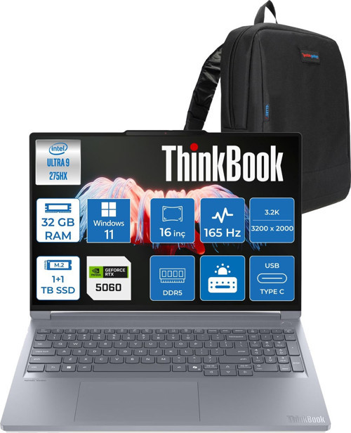 Thinkbook 16P Gen6 Iax Intel Core Ultra 9 275HX Aı Ddr5 32GB 1tb Ssd+1tb SSD 8GB/RTX5060 115W 16" 3.2k (3200X2000) IPS 500NITS 165Hz WINDOWS11HOME Gaming Laptop 21R0004CTXH12+ZETTAÇANTA