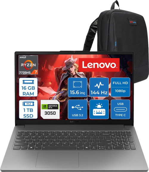 Loq Essential 15ARP10 Amd Ryzen 7 7735HS 16GB 512GB+512GB SSD 6GB/RTX3050/65W 15.6" Fhd IPS 300NITS, 100% Srgb 144Hz Windows 11 Home Gaming Bilgisayar 83S00033TRH33 + Zettaçanta