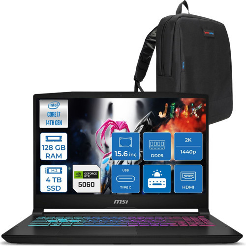 Katana 15 Hx B14WFK-449XTR 14. Nesil Intel İ7-14650HX 128GB Ddr5 4tb SSD 8GB/RTX5060 115W 15.6" Qhd 2560X1440 165Hz IPS Freedos Taşınabilir Bilgisayar. W449XTRF30128G + Zettaçanta