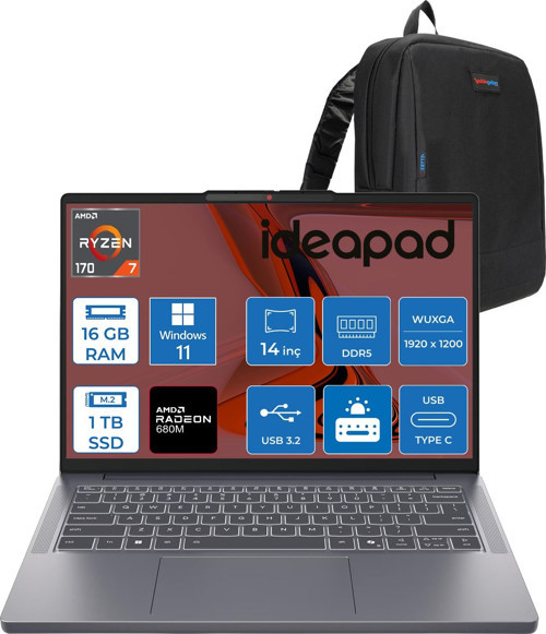 Ideapad Slim 3 14ARP10 Amd Ryzen 7 170 16GB Ddr5 1tb SSD Radeon™ 680M Graphics 14" Wuxga (1920X1200) IPS 300NITS WIN11PRO Taşınabilir Bilgisayar 83K6006JTRP03+ZETTAÇANTA