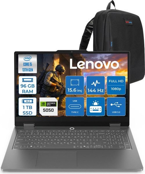 Loq Essential 15IRX11 Intel Core I5 13450HX 96GB 1tb SSD 8GB/RTX5050/65W 15.6" Fhd (1920X1080) IPS 300NITS 144Hz Windows 11 Pro Gaming Bilgisayar 83SC000QTRP30 + Zettaçanta
