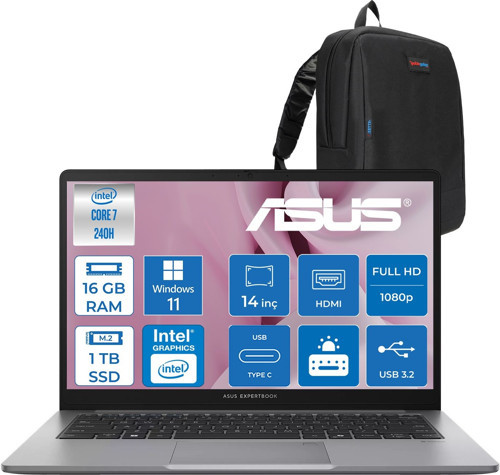 Expertbook P1 P1403CVA Intel® Core™ 7 240H 16GB Ddr5 1tb SSD 14"fhd (1920 x 1080) 300NITS WIN11HOME Taşınabilir Bilgisayar PC716512G0DH03+ZETTAÇANTA