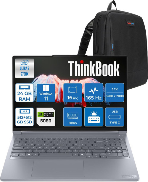 Thinkbook 16P Gen6 Iax Intel Core Ultra 9 275HX Aı Ddr5 24GB 512GB SSD +512GB SSD 8GB/RTX5060 115W 16" 3.2k (3200X2000) IPS 500NITS 165Hz WINDOWS11HOME Gaming Laptop 21R0004CTXH02+ZETTAÇANTA
