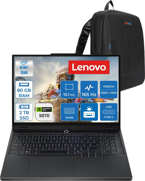 Legion 5 15IAX10 Intel Core Ultra 7 255HX Ddr5 80GB 2tb SSD RTX5070/8GB/115W 15.1" Wqxga (2560X1600) OLED 1000NITS 165Hz Freedos Gaming Laptop 83F0008BTRF37+ZETTAÇANTA