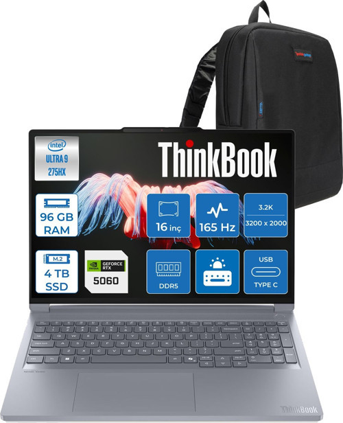 Thinkbook 16P Gen6 Iax Intel Core Ultra 9 275HX Aı Ddr5 96GB 4tb SSD 8GB/RTX5060 115W 16" 3.2k (3200X2000) IPS 500NITS 165Hz Freedos Gaming Laptop 21R0004CTXF47+ZETTAÇANTA