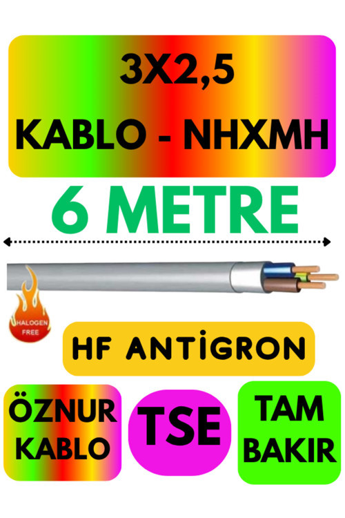 Öznur 3X2,5 NHXMH (ALEV İLETMEZ) Kablo Metre Seçenekli (Gri) 6 METRE