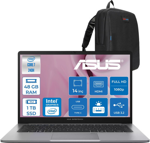 Expertbook P1 P1403CVA Intel® Core™ 7 240H 48GB Ddr5 1tb SSD 14"fhd (1920 x 1080) 300NITS Freedos Taşınabilir Bilgisayar PC716512G0DF18+ZETTAÇANTA