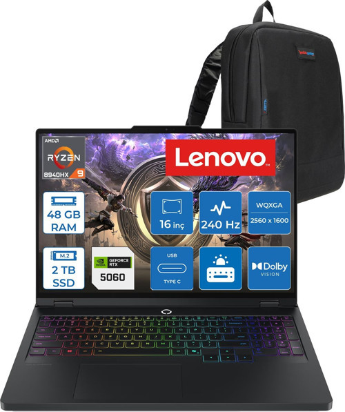 Legion Pro 5 16ADR10 Amd Ryzen™ 9 8940HX Aı 48GB Ddr5 2tb SSD RTX5060/8GB 115W 16" Wqxga (2560X1600) IPS 500NITS 240Hz Hdr™ 400 Freedos Gaming Bilgisayar 83LT005RTRF19+ZETTAÇANTA