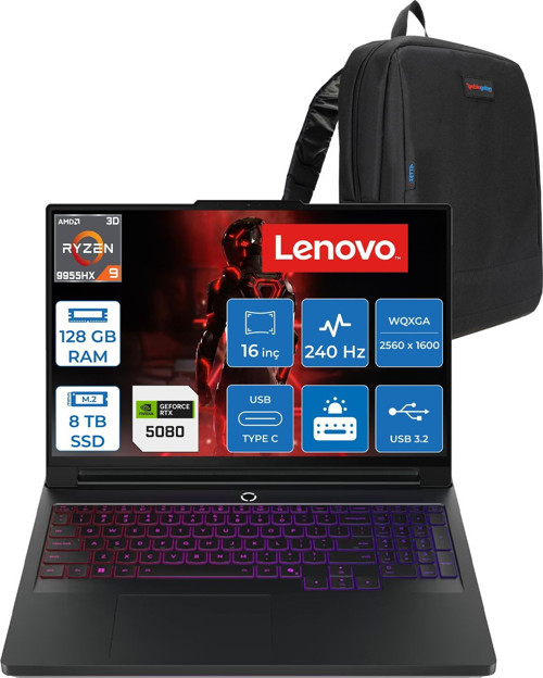 Legion Pro 7 Amd Ryzen 9 9955HX3D 128GB 8tb SSD 16GB/RTX5080/175W 16" Wqxga (2560X1600) OLED 1000NITS 240Hz Windows 11 Home Gaming Bilgisayar L83RU0031TRH57 + Zettaçanta