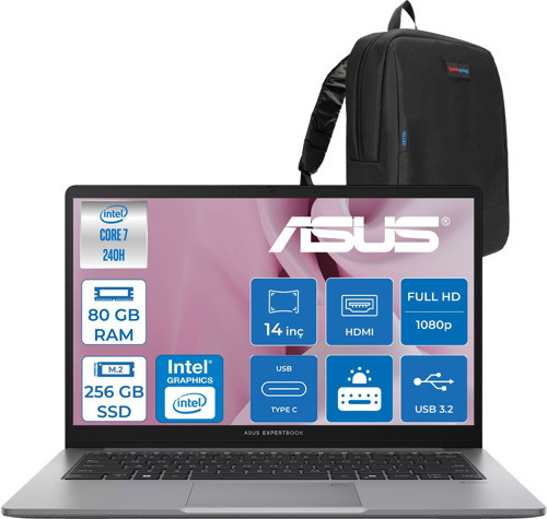 Expertbook P1 P1403CVA Intel® Core™ 7 240H 80GB Ddr5 256GB SSD 14"fhd (1920 x 1080) 300NITS Freedos Taşınabilir Bilgisayar PC716512G0DF26+ZETTAÇANTA