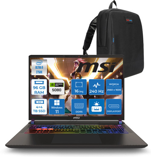 Vector 16 Hx Aı WA2XWIG-090XTR Ultra 9 275HX Aı 128GB 4tb SSD +4tb SSD 16 GB/RTX5080 Gddr7 175W 16" Qhd+ (2560X1600) 240HZ WIN11PRO Taşınabilir Bilgisayar WA2XWIG090XTRW40128G + Zettaçanta