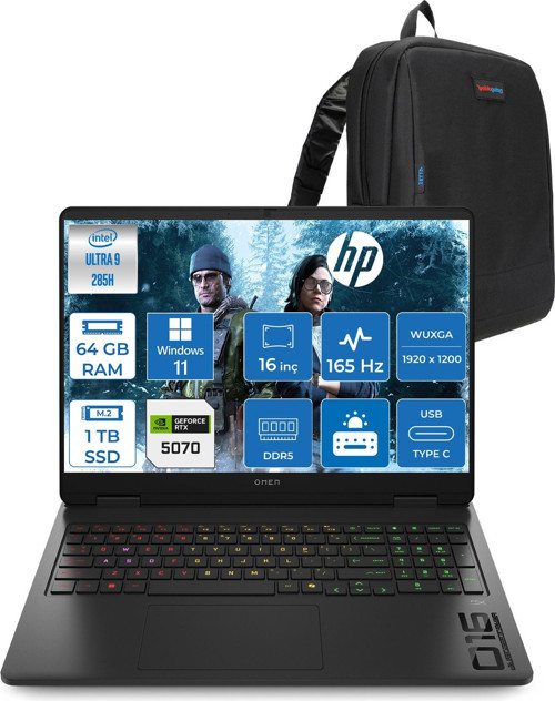 Omen Slim Gaming Intel® Core Ultra 9 285H 64GB Ddr5 1tb SSD 16" Inch 8GB/RTX5070 2k (1920 x 1200),165 Hz, 3ms IPS 400NITS 100% Srgb WIN11PRO Gaming Bilgisayar CD7K0EAP23+ZETTAÇANTA