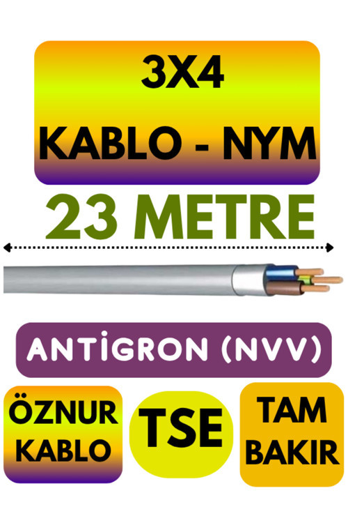 Öznur 3X4 ANTİGRON (NYM) Kablo (Gri) Metre Seçenekli 23 METRE