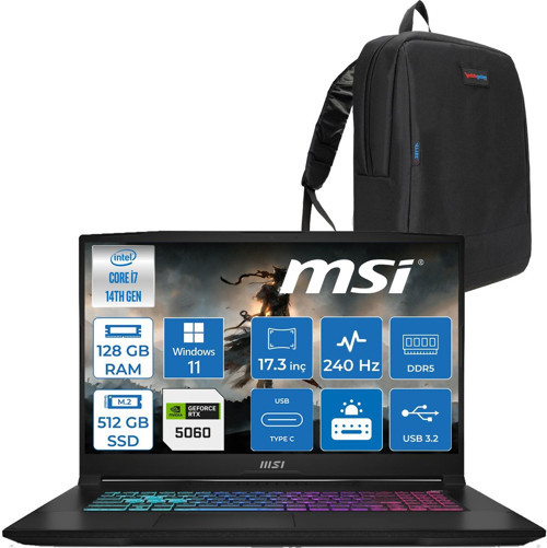 Katana 17 Hx B14WFK-215XTR 14. Nesil Intel I7-14650HX 128GB Ddr5 512GB SSD 8GB/RTX5060 115W 17.3" Qhd (2560*1440), 240Hz IPS Windows 11 Home Taşınabilir Bilgisayar. W215XTRH27128G + Zettaçanta