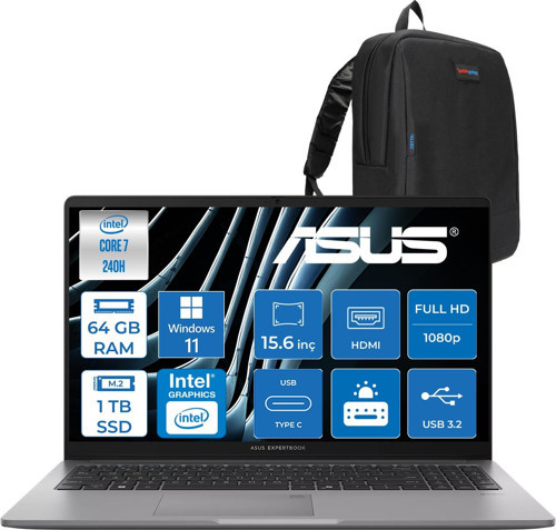 Expertbook P1 P1503CVA Intel® Core™ 7 240H 64GB Ddr5 1tb SSD 15.6"fhd (1920 x 1080) 300NITS WIN11HOME Taşınabilir Bilgisayar ZC716512G0DH23+ZETTAÇANTA