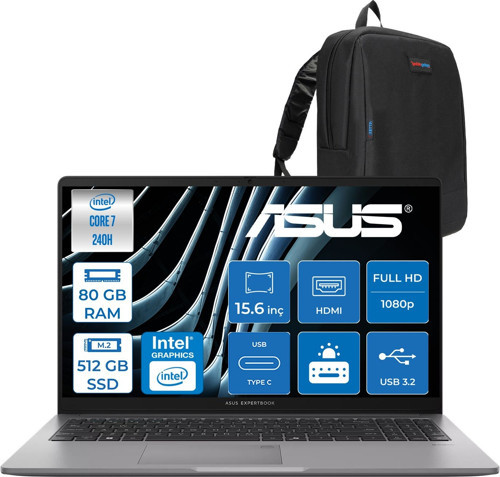 Expertbook P1 P1503CVA Intel® Core™ 7 240H 80GB Ddr5 512GB SSD 15.6"fhd (1920 x 1080) 300NITS Freedos Taşınabilir Bilgisayar ZC716512G0DF27+ZETTAÇANTA