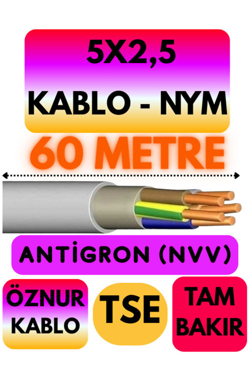 Öznur 5X2,5 ANTİGRON (NYM) Kablo (Gri) Metre Seçenekli 60 METRE