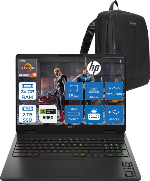 Omen Gaming Laptop 16-AP0029NT Amd Ryzen™ 9 8940HX 24GB Ddr5 2tb SSD 16" Inch 8GB/RTX5060 2k (1920 x 1200),144 Hz, Ips, 300NIT Freedos Gaming Bilgisayar C3YN8EAF09+ZETTAÇANTA