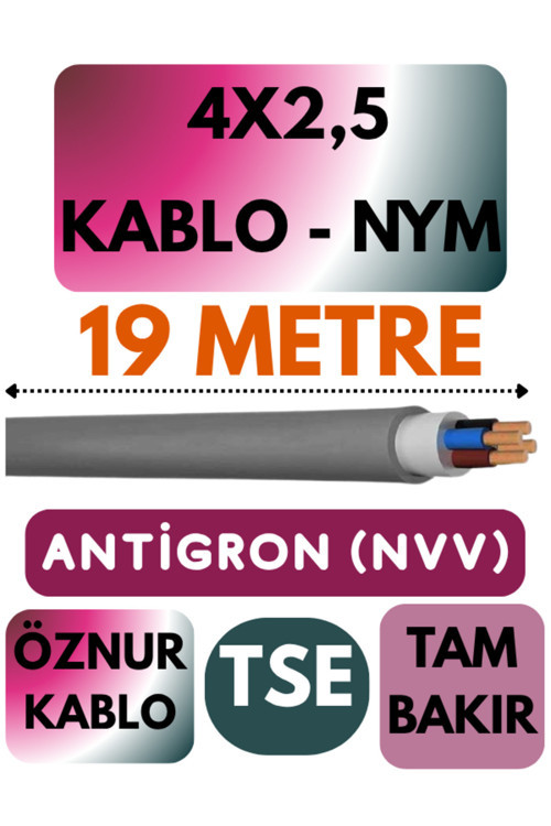 Öznur 4X2,5 ANTİGRON (NYM) Kablo (Gri) Metre Seçenekli 19 METRE