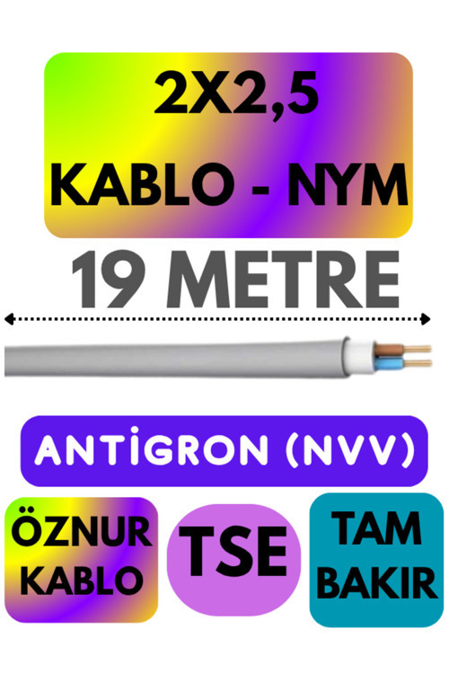 Öznur 2X2,5 ANTİGRON (NYM) Kablo (Gri) Metre Seçenekli 19 METRE