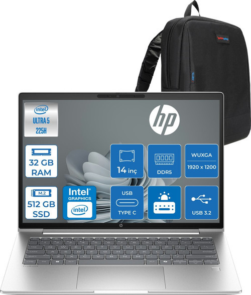 Probook 4 G1I Intel Ultra5 225H 32GB Ddr5 512GB SSD 14" Inch Intel® Arc™ 130T Gpu Wuxga (1920X1200) IPS 300NITS Freedos Taşınabilir Bilgisayar D29QJETF12+ZETTAÇANTA