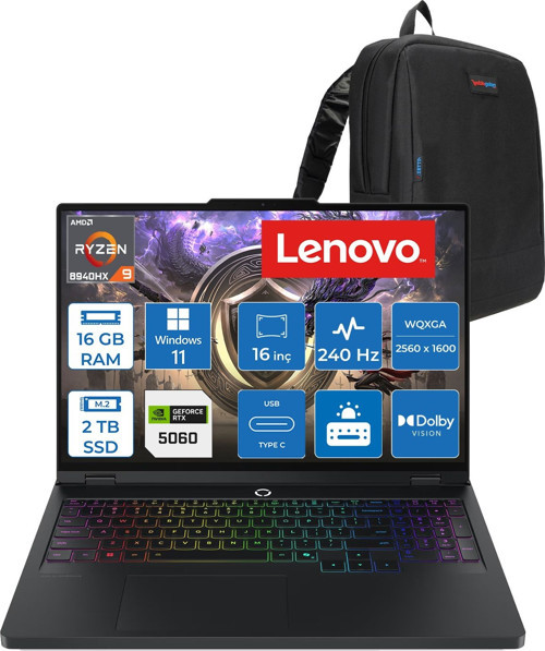 Legion Pro 5 16ADR10 Amd Ryzen™ 9 8940HX Aı 16GB Ddr5 2tb SSD RTX5060/8GB 115W 16" Wqxga (2560X1600) IPS 500NITS 240Hz Hdr™ 400 WIN11PRO Gaming Bilgisayar 83LT005RTRP04+ZETTAÇANTA