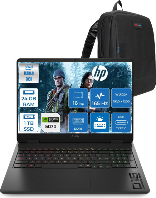 Omen Slim Gaming Intel® Core Ultra 9 285H 24GB Ddr5 1tb SSD 16" Inch 8GB/RTX5070 2k (1920 x 1200),165 Hz, 3ms IPS 400NITS 100% Srgb Freedos Gaming Bilgisayar CD7K0EAF08+ZETTAÇANTA