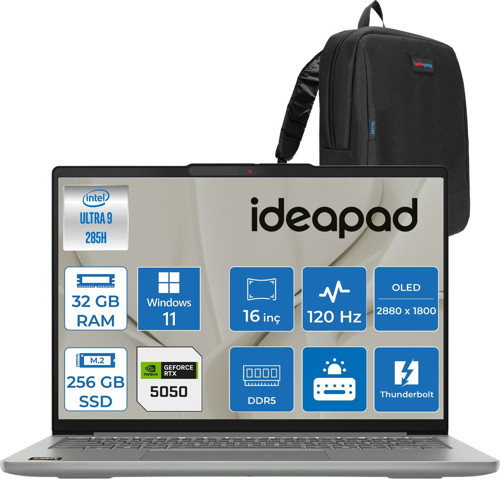 Ideapad Pro 5 16IAH10 Intel Core Ultra 9 285H Aı 32GB Ddr5 256GB SSD RTX5050/8GB 16" 2.8k (2880X1800) OLED 1100NITS 120Hz 100% Dcı-P3 WIN11PRO Taşınabilir BILGISAYAR83JM004WTRP11+ZETTAÇANTA
