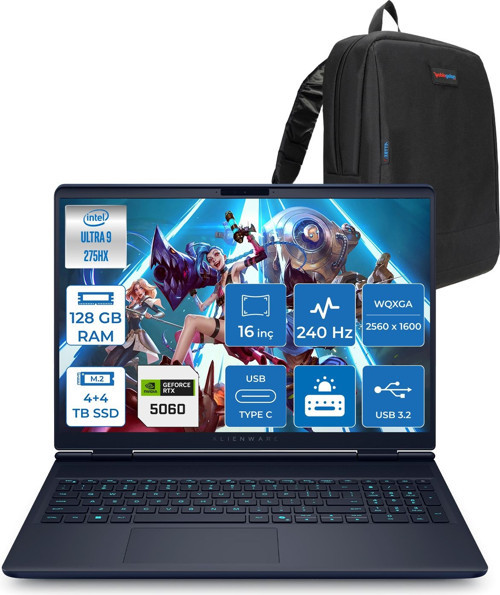 Alienware 16X Aurora AC16251 Ultra 9 275HX Ddr5 128GB 4tb SSD +4tb SSD 8GB/RTX5060 115W 16INÇ Wqxga 240Hz 500NITS Freedos Gaming Laptop AC162515060F56+ZETTAÇANTA
