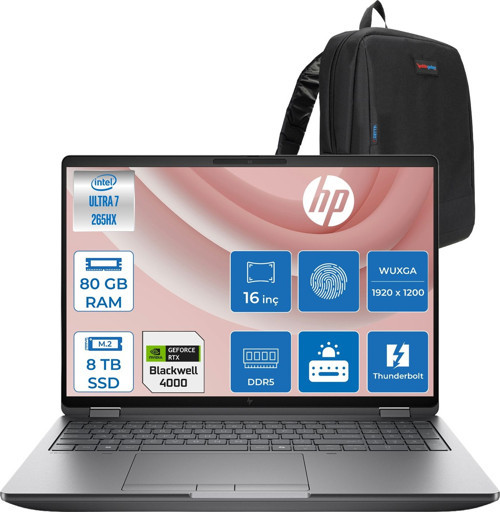 Zbook Fury 16 G1I Intel Ultra 7 265HX Ddr5 80GB 8tb SSD 16GB/RTXPRO4000 Blackwell 16" Wuxga IPS 400NIT Wi-Fi7+Bt 5.4 Freedos Aı Iş Istasyonu C65H8ESF55 + Zettaçanta