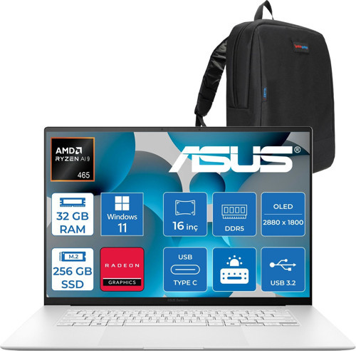 Zenbook S16 UM5606GA Amdryzen Aı 9 465 32GB Ddr5 256GB SSD 16.0-Inc 3k (2880 x 1800) OLED 120Hz 1000NITS Hdr 0.2ms Amd Radeon 880M Grafik WIN11HOME Taşınabilir Bilgisayar WUM5606GAH11+ZETTAÇANTA