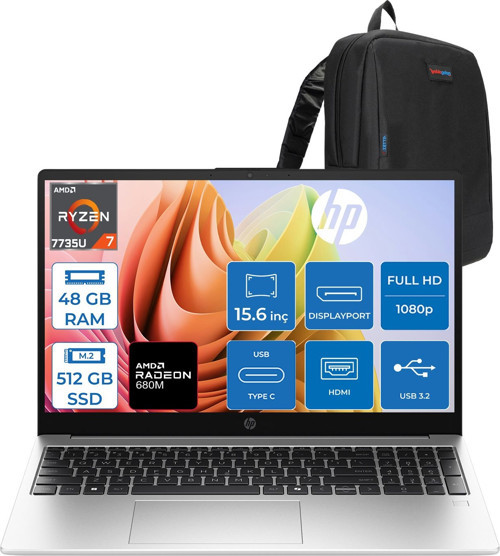 255R G10 Amd Ryzen™ 7 7735U 48GB Ddr5 512GB SSD 15.6" Inch Intel® Grafik Gpu Fhd (1920 x 1080), Ips, 300NIT Freedos Taşınabilir Bilgisayar D30M1ETF17+ZETTAÇANTA