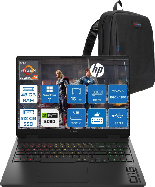 Omen Gaming Laptop 16-AP0029NT Amd Ryzen™ 9 8940HX 48GB Ddr5 512GB SSD 16" Inch 8GB/RTX5060 2k (1920 x 1200),144 Hz, Ips, 300NIT WIN11PRO Gaming Bilgisayar C3YN8EAP17+ZETTAÇANTA
