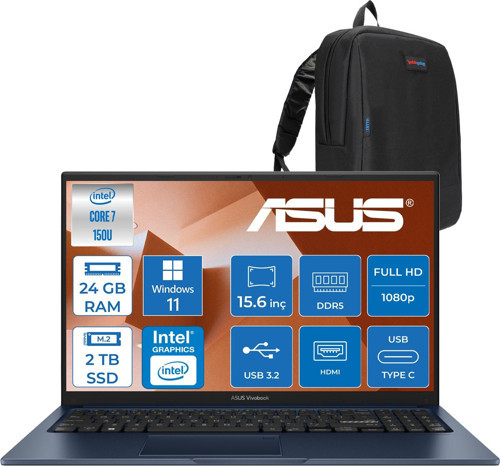 Vivobook 15 Vivobook 15 (X1504VA) Intel® Core™ 7 150U 24GB Ddr5 2tb SSD Intel Graphic Gpu 15,6 Inç Fhd (1920 x 1080) WIN11HOME Taşınabilir Bilgisayar X1504VA150UH09+ZETTAÇANTA