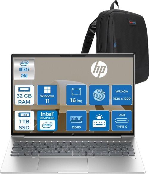 Probook 4 G1I Intel Ultra7 255U 32GB Ddr5 1tb SSD 16INCH Intel® Grafik Gpu Wuxga (1920X1200) IPS 300NIT WIN11PRO Taşınabilir Bilgisayar D21P2ETP13+ZETTAÇANTA