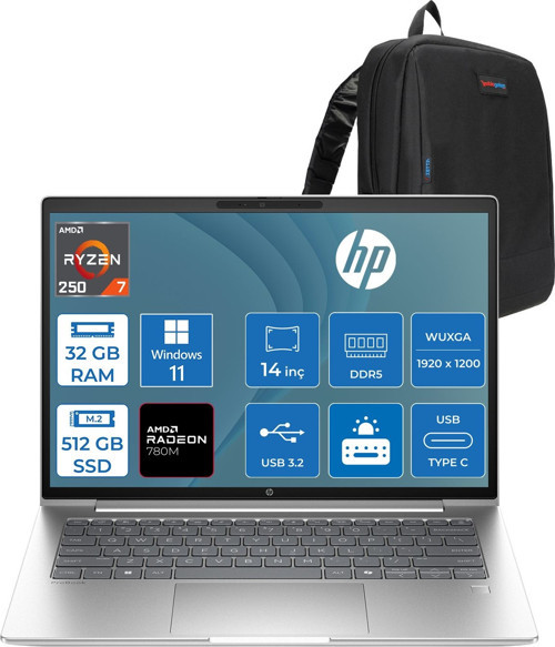 Probook 4 G1A 14 Amd Ryzen™ 7 250 32GB Ddr5 512GB SSD 14" Inch Amd Radeon™ 780M Wuxga (1920X1200) IPS 300NITS WIN11HOME Taşınabilir Bilgisayar D36KHETH12+ZETTAÇANTA